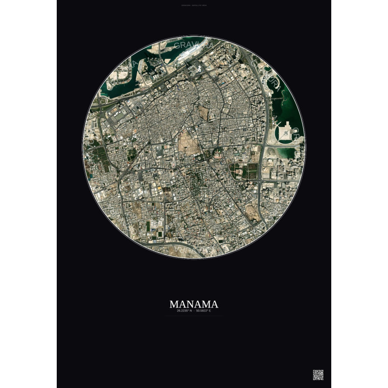 Affiche Manama – Poster vue satellite 2.5km Couleur | Gravura – Fond foncé