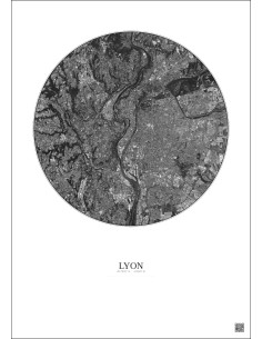 Affiche Lyon – Poster vue satellite 10km N&B | Gravura – Fond clair