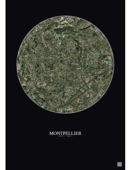 Affiche Montpellier – Poster vue satellite 5km Couleur | Gravura – Fond foncé