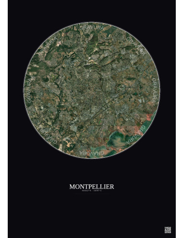 Montpellier Satellite View Poster 10km Color | Gravura – Dark background