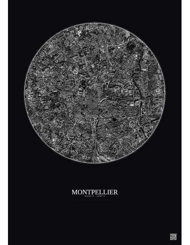 Affiche Montpellier – Poster vue satellite 2.5km N&B | Gravura – Fond foncé