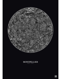 Affiche Montpellier – Poster vue satellite 5km N&B | Gravura – Fond foncé