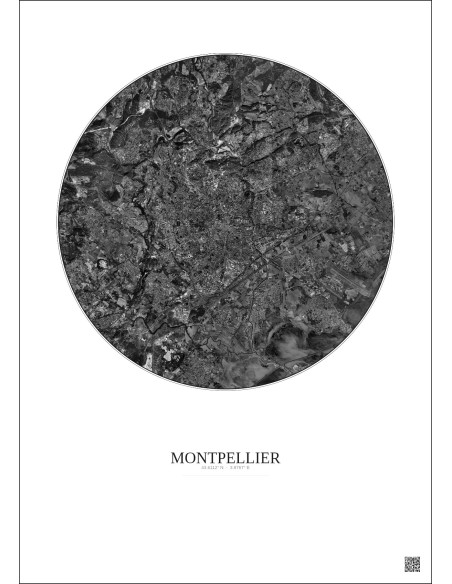 Affiche Montpellier – Poster vue satellite 10km N&B | Gravura – Fond clair