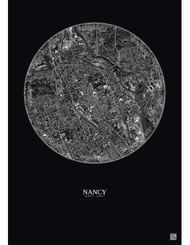 Affiche Nancy – Poster vue satellite 2.5km N&B | Gravura – Fond foncé