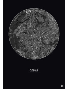 Affiche Nancy – Poster vue satellite 6km N&B | Gravura – Fond foncé