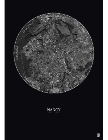 Affiche Nancy – Poster vue satellite 6km N&B | Gravura – Fond foncé