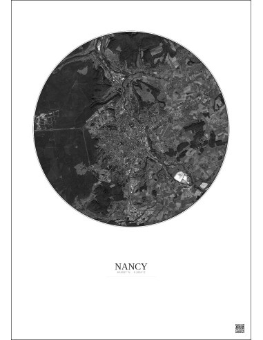 Affiche Nancy – Poster vue satellite 10km N&B | Gravura – Fond clair