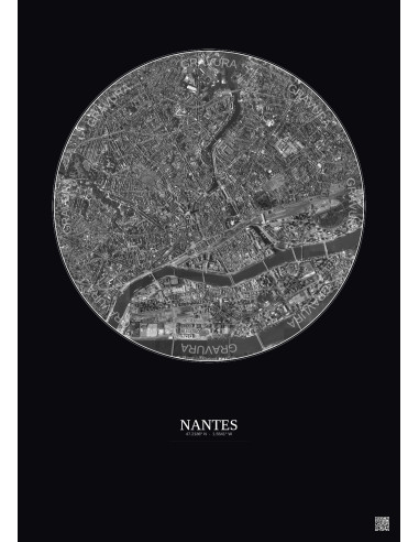 Affiche Nantes – Poster vue satellite 2.5km N&B | Gravura – Fond foncé