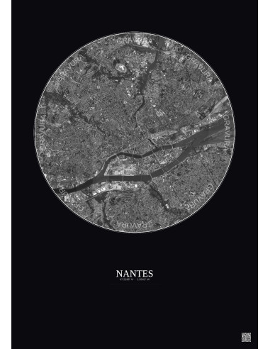 Affiche Nantes – Poster vue satellite 5km N&B | Gravura – Fond foncé