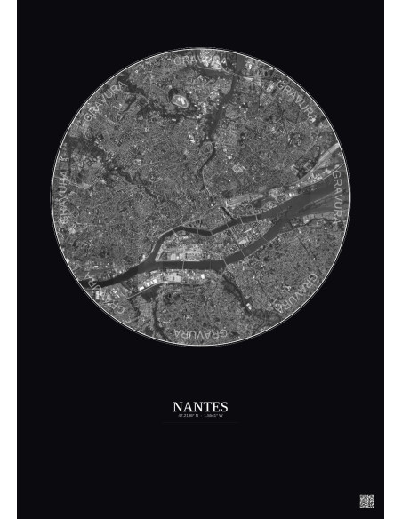 Affiche Nantes – Poster vue satellite 5km N&B | Gravura – Fond foncé