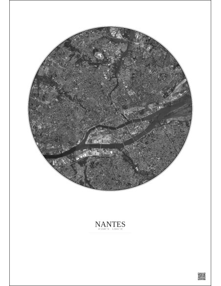 Affiche Nantes – Poster vue satellite 5km N&B | Gravura – Fond clair
