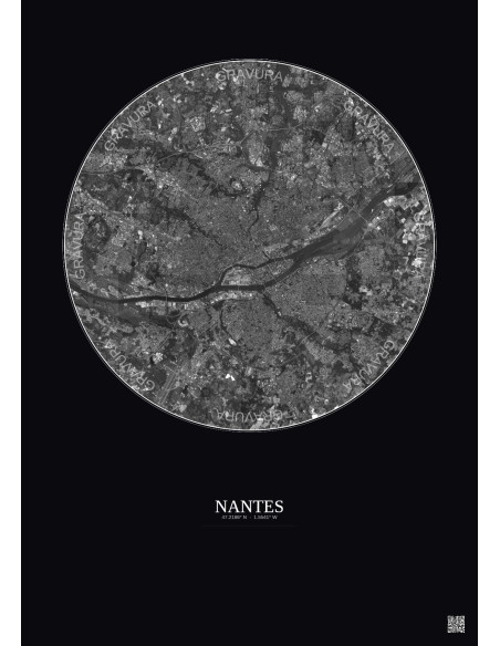 Affiche Nantes – Poster vue satellite 10km N&B | Gravura – Fond foncé