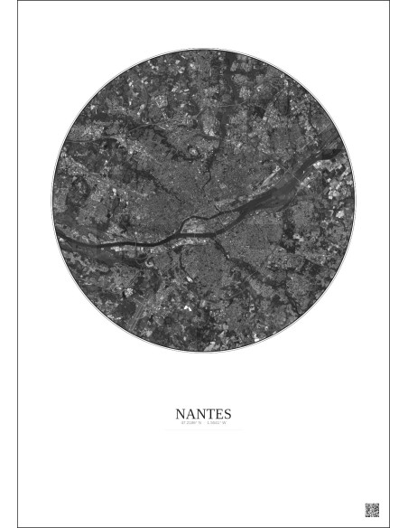 Affiche Nantes – Poster vue satellite 10km N&B | Gravura – Fond clair