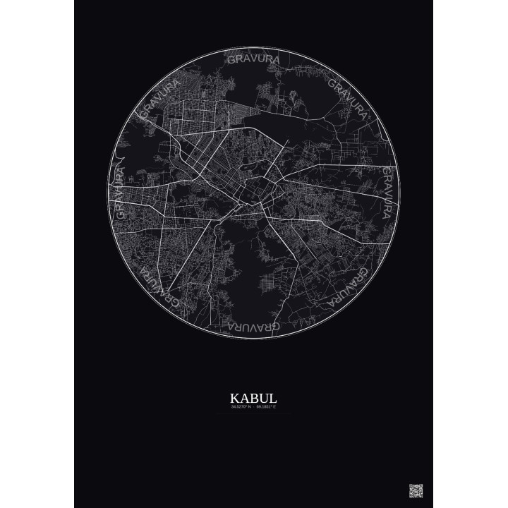 Affiche Kabul – Poster carte de ville 10km | Gravura – Fond foncé