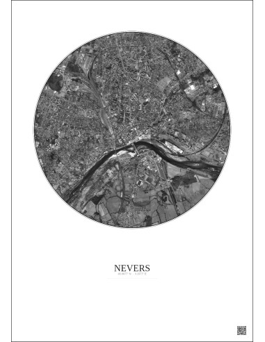 Nevers Satellite View Poster 2.5km B&W | Gravura – Light background