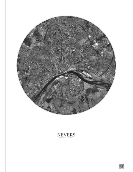 Nevers Satellite View Poster 2.5km B&W | Gravura – Light background