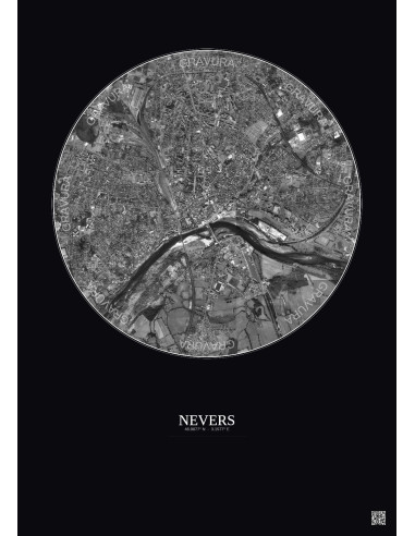 Nevers Satellite View Poster 2.5km B&W | Gravura – Dark background