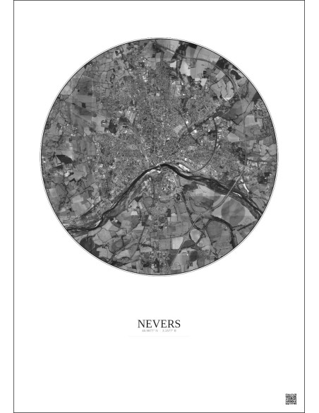 Affiche Nevers – Poster vue satellite 5km N&B | Gravura – Fond clair