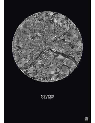 Affiche Nevers – Poster vue satellite 5km N&B | Gravura – Fond foncé