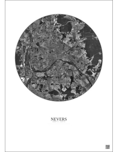 Affiche Nevers – Poster vue satellite 10km N&B | Gravura – Fond clair