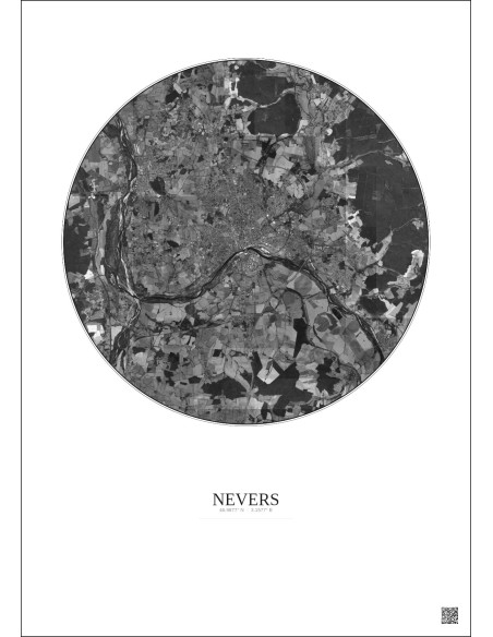 Affiche Nevers – Poster vue satellite 10km N&B | Gravura – Fond clair