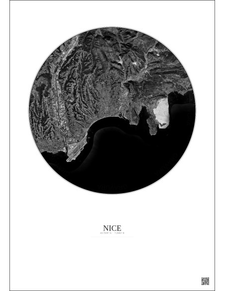 Affiche Nice – Poster vue satellite 10km N&B | Gravura – Fond clair