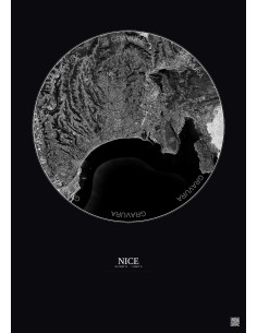 Affiche Nice – Poster vue satellite 6km N&B | Gravura – Fond foncé