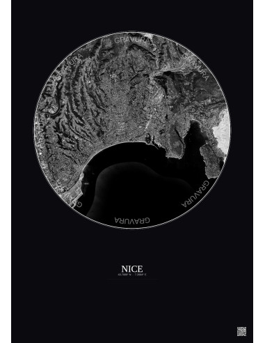 Affiche Nice – Poster vue satellite 6km N&B | Gravura – Fond foncé