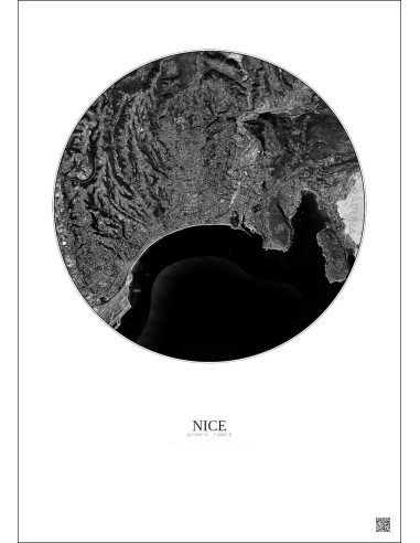 Affiche Nice – Poster vue satellite 6km N&B | Gravura – Fond clair