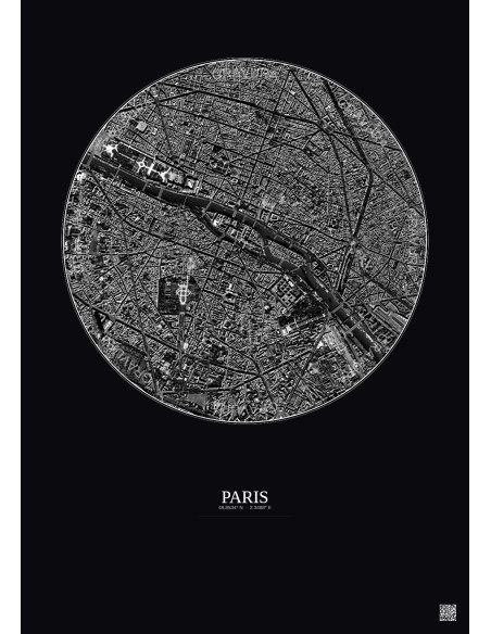 Affiche Paris – Poster vue satellite 2.5km N&B | Gravura – Fond foncé