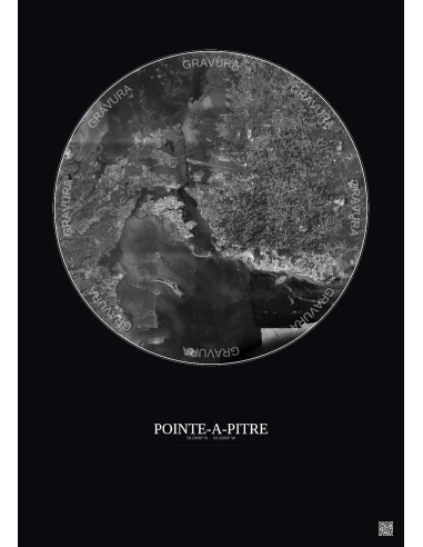 Affiche Pointe A Pitre – Poster vue satellite 10km N&B | Gravura – Fond foncé