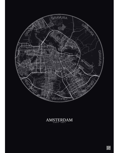 Amsterdam City Map Poster 10km | Gravura – Dark background