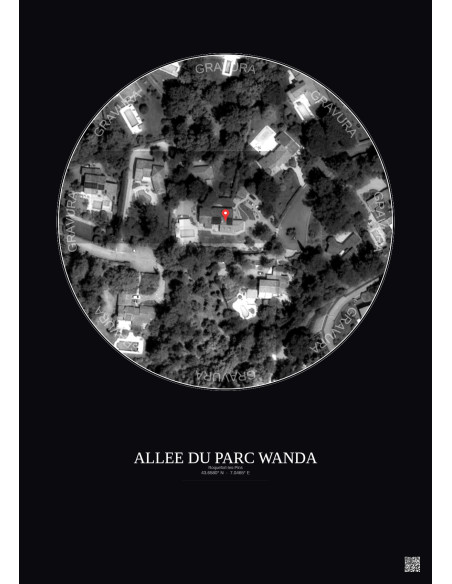 Roquefort Les Pins Satellite View Poster 0.1km B&W | Gravura – Dark background