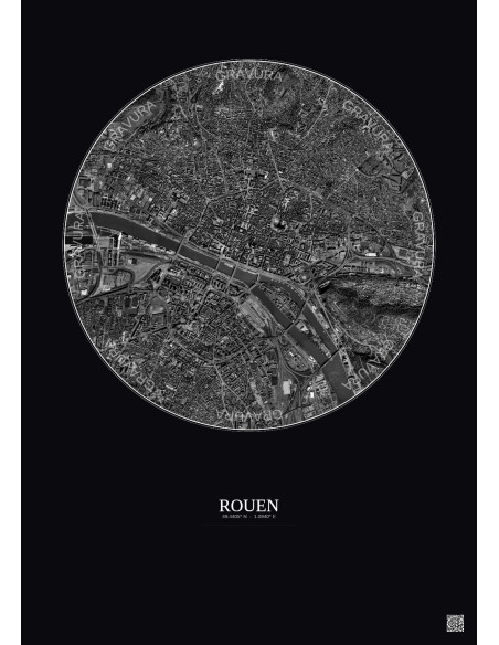 Affiche Rouen – Poster vue satellite 2.5km N&B | Gravura – Fond foncé