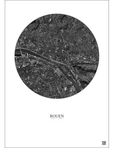 Affiche Rouen – Poster vue satellite 2.5km N&B | Gravura – Fond clair