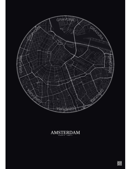 Affiche Amsterdam – Poster carte de ville 2.5km | Gravura – Fond foncé