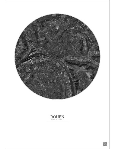 Affiche Rouen – Poster vue satellite 5km N&B | Gravura – Fond clair