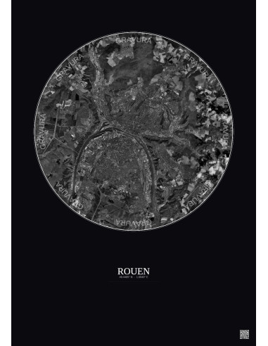 Affiche Rouen – Poster vue satellite 10km N&B | Gravura – Fond foncé
