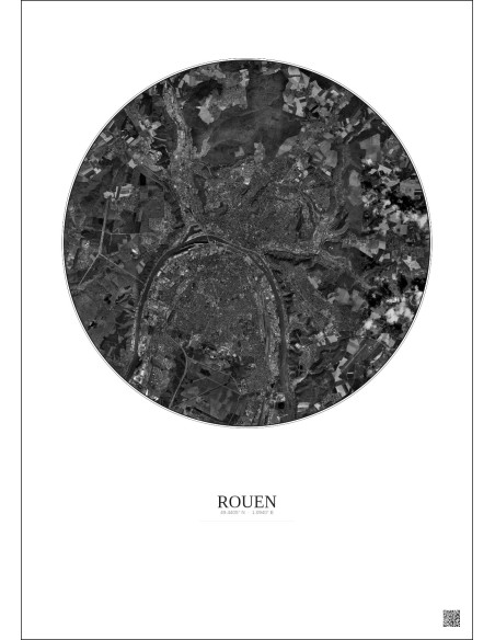 Affiche Rouen – Poster vue satellite 10km N&B | Gravura – Fond clair
