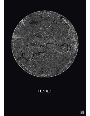 Affiche London – Poster vue satellite 10km N&B | Gravura – Fond foncé