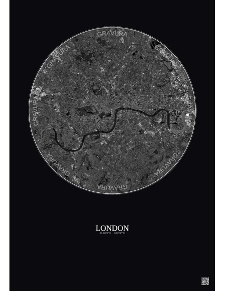 Affiche London – Poster vue satellite 10km N&B | Gravura – Fond foncé