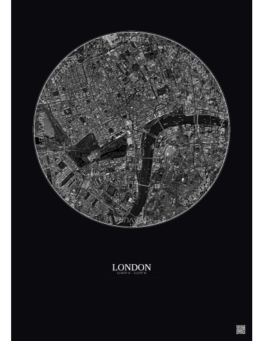 Affiche London – Poster vue satellite 2.5km N&B | Gravura – Fond foncé