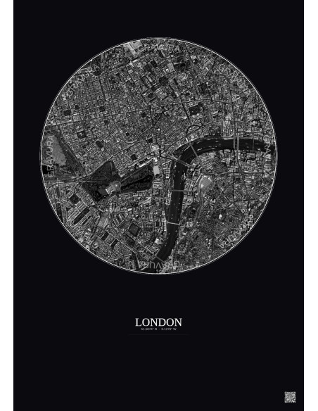 Affiche London – Poster vue satellite 2.5km N&B | Gravura – Fond foncé
