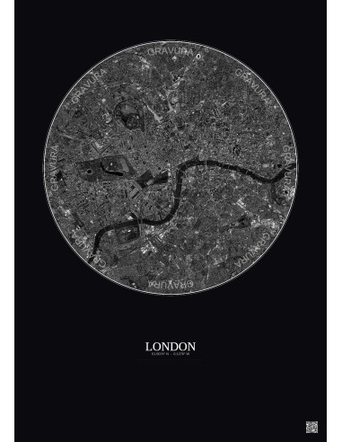 Affiche London – Poster vue satellite 6km N&B | Gravura – Fond foncé