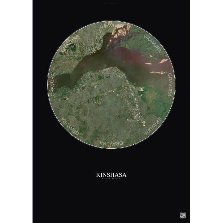 Affiche Kinshasa – Poster vue satellite 10km Couleur | Gravura – Fond foncé
