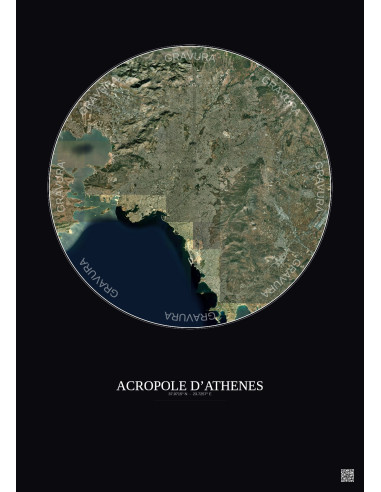 Affiche Acropole Dathenes – Poster vue satellite 20km Couleur | Gravura – Fond foncé