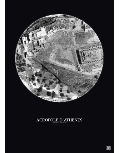 Affiche Acropole Dathenes – Poster vue satellite 0.1km N&B | Gravura – Fond foncé