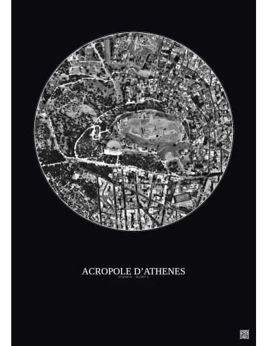 Affiche Acropole Dathenes – Poster vue satellite 0.5km N&B | Gravura – Fond foncé