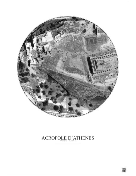 Affiche Acropole Dathenes – Poster vue satellite 0.1km N&B | Gravura – Fond clair