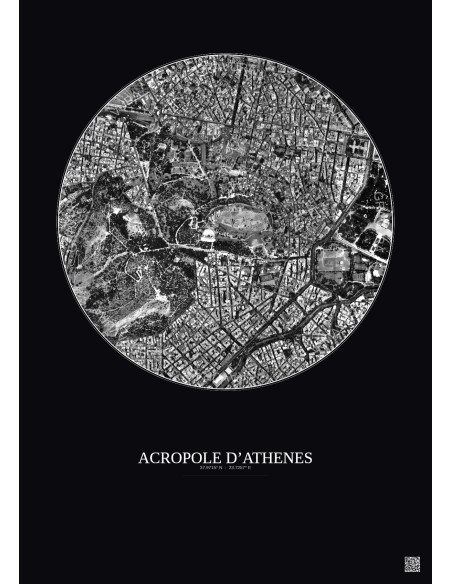 Affiche Acropole Dathenes – Poster vue satellite 1km N&B | Gravura – Fond foncé